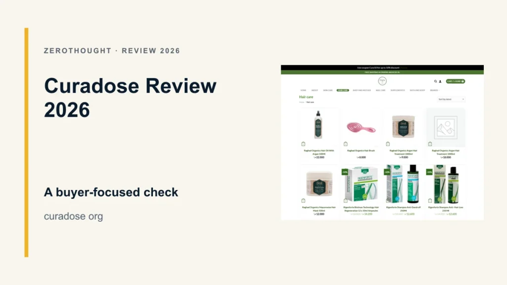 Curadose website or product material beside a ZeroThought review title.