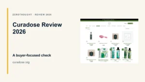 Curadose website or product material beside a ZeroThought review title.