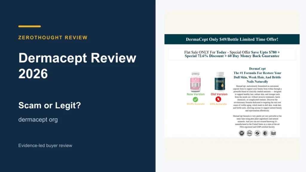 Dermacept website or product material beside a ZeroThought review title.