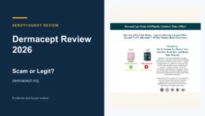 Dermacept website or product material beside a ZeroThought review title.