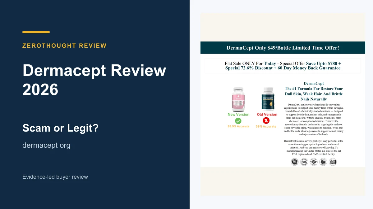 Dermacept website or product material beside a ZeroThought review title.