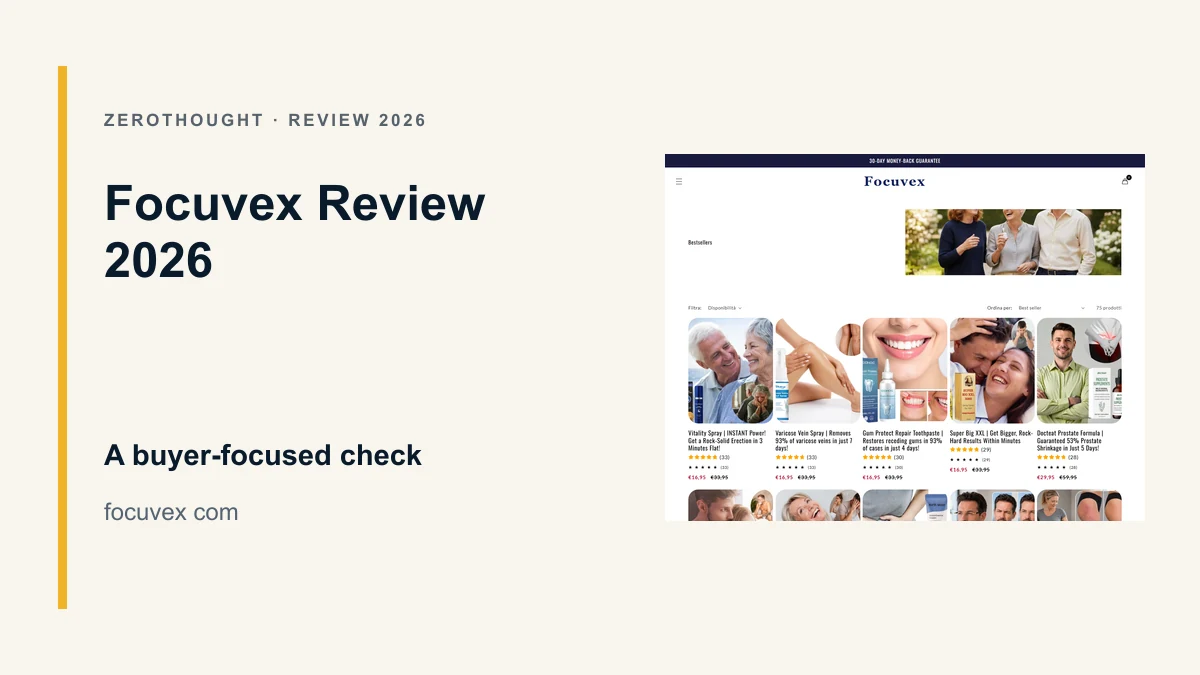 Focuvex website or product material beside a ZeroThought review title.