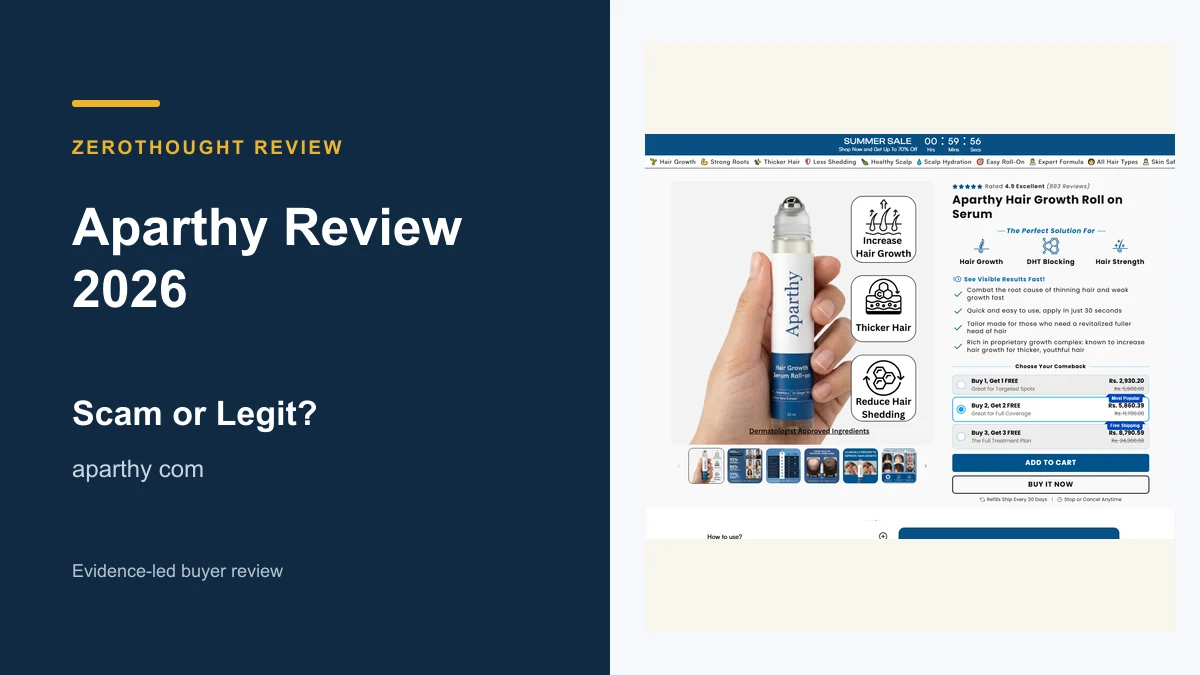 Aparthy website or product material beside a ZeroThought review title.