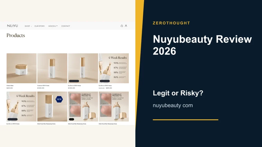 Nuyubeauty website or product material beside a ZeroThought review title.