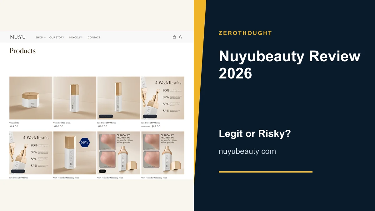 Nuyubeauty website or product material beside a ZeroThought review title.