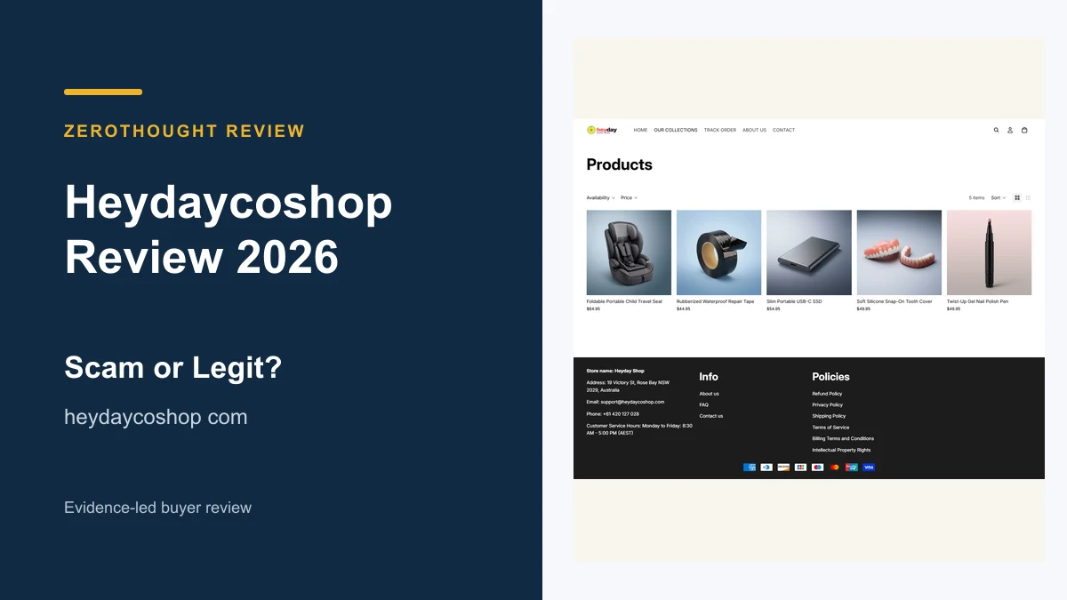 Heydaycoshop website or product material beside a ZeroThought review title.