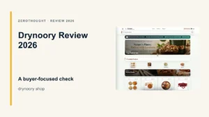Drynoory website or product material beside a ZeroThought review title.