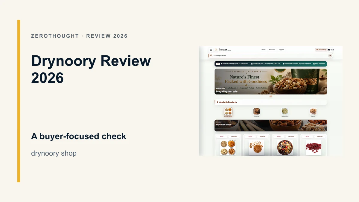 Drynoory website or product material beside a ZeroThought review title.