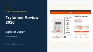 Trylumeo website or product material beside a ZeroThought review title.