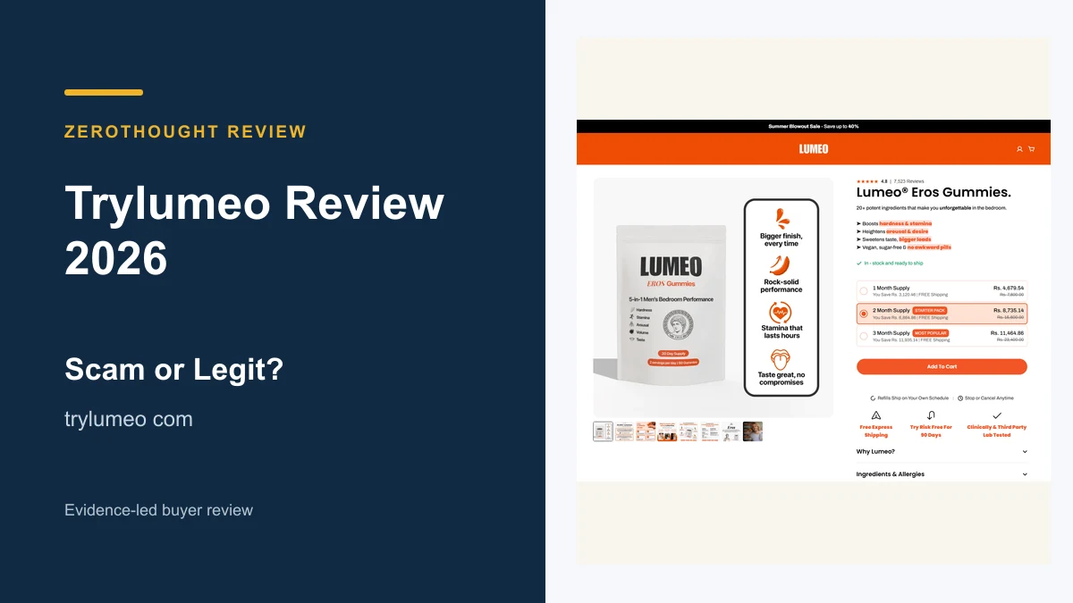 Trylumeo website or product material beside a ZeroThought review title.