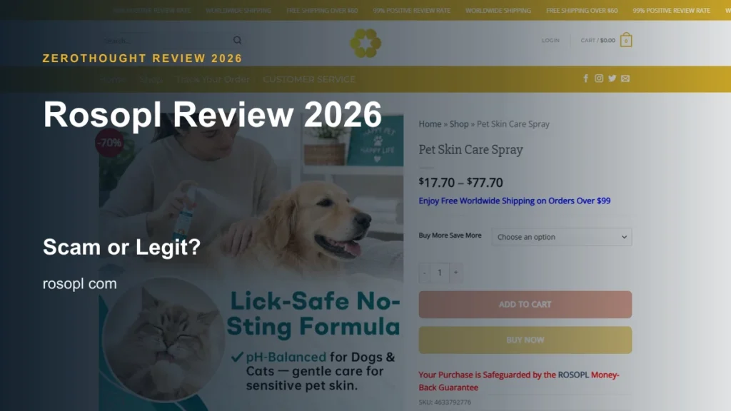 Rosopl website or product material beside a ZeroThought review title.