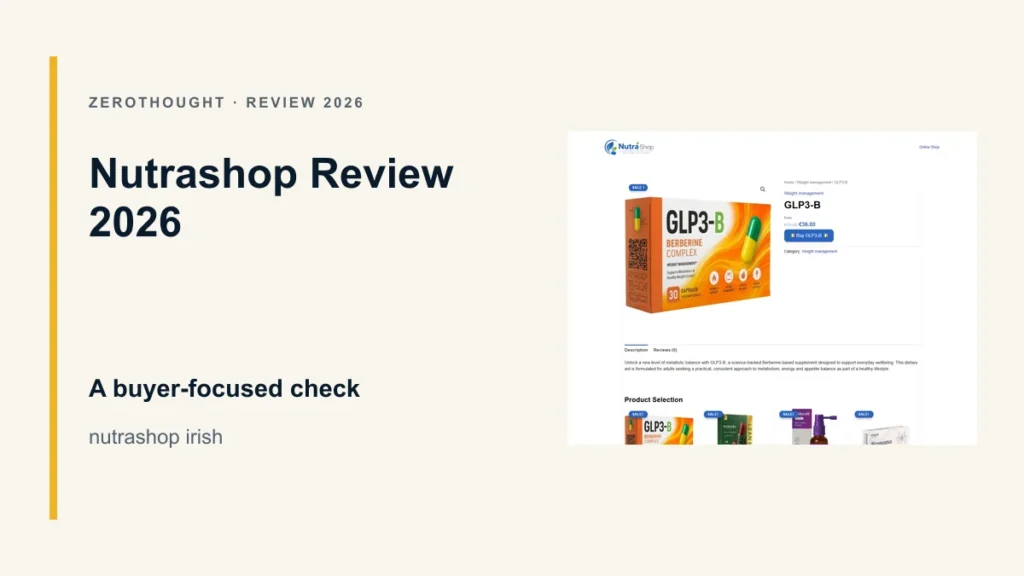 Nutrashop website or product material beside a ZeroThought review title.