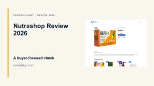 Nutrashop website or product material beside a ZeroThought review title.