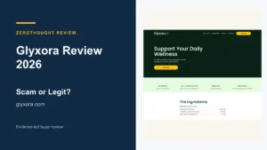 Glyxora website or product material beside a ZeroThought review title.