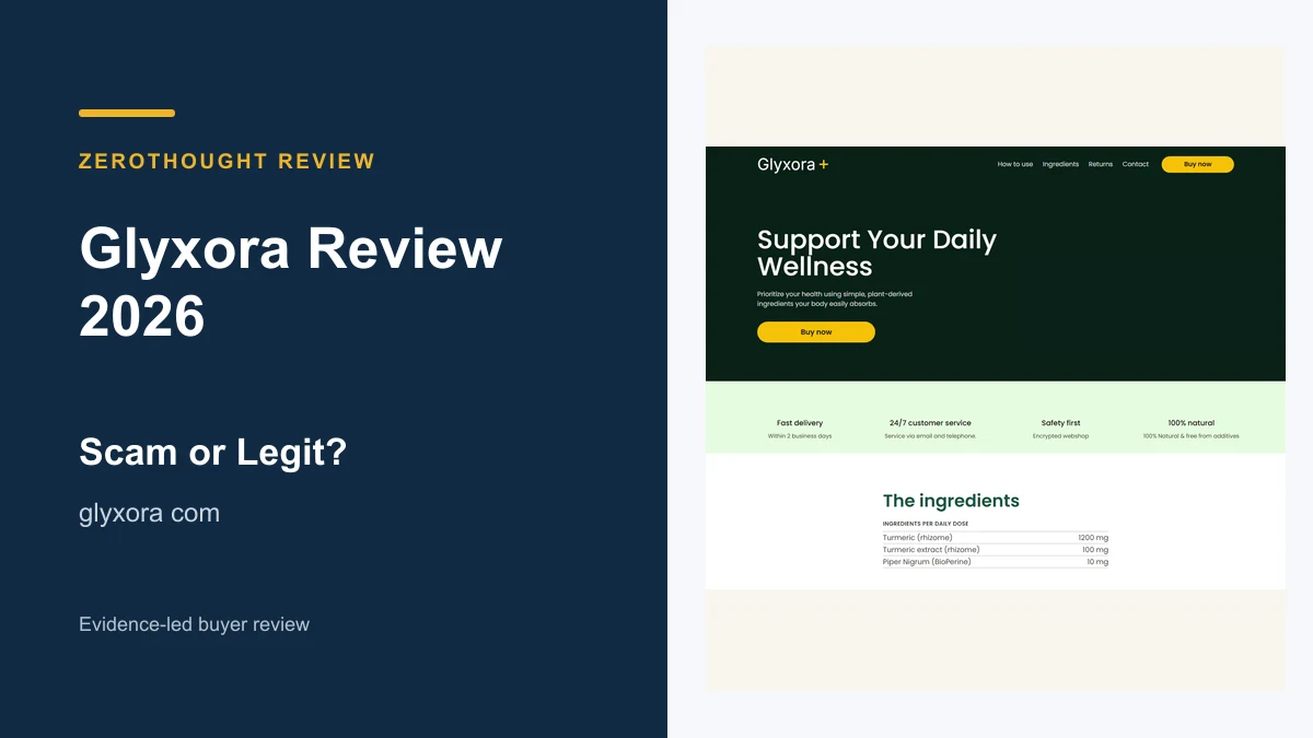 Glyxora website or product material beside a ZeroThought review title.
