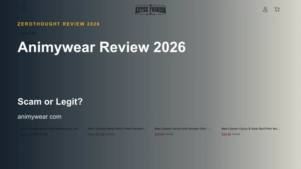 Animywear website or product material beside a ZeroThought review title.