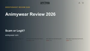 Animywear website or product material beside a ZeroThought review title.