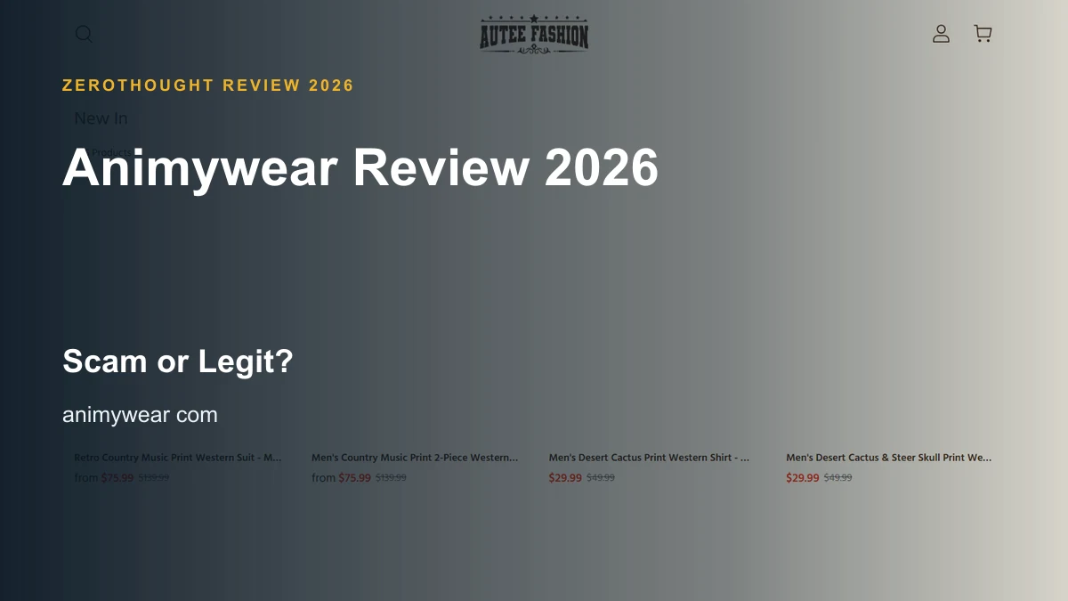 Animywear website or product material beside a ZeroThought review title.