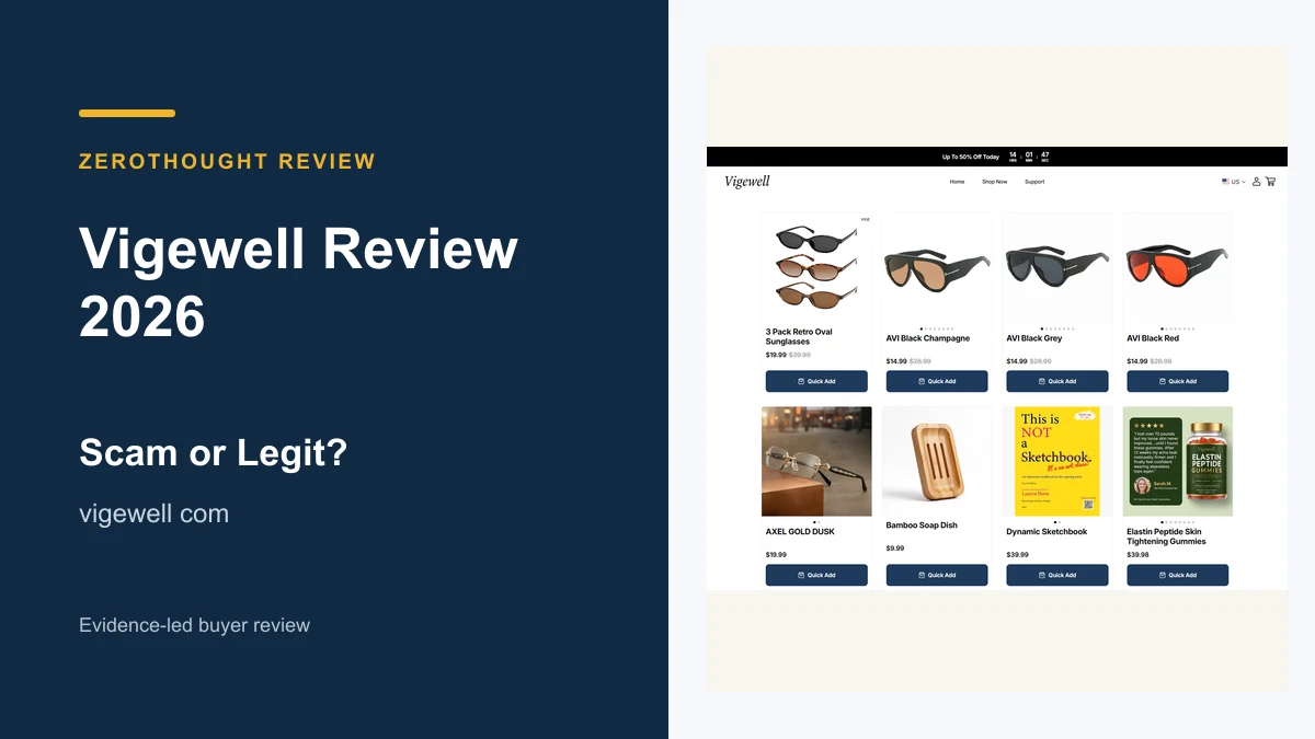 Vigewell website or product material beside a ZeroThought review title.