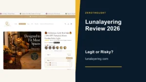 Lunalayering website or product material beside a ZeroThought review title.