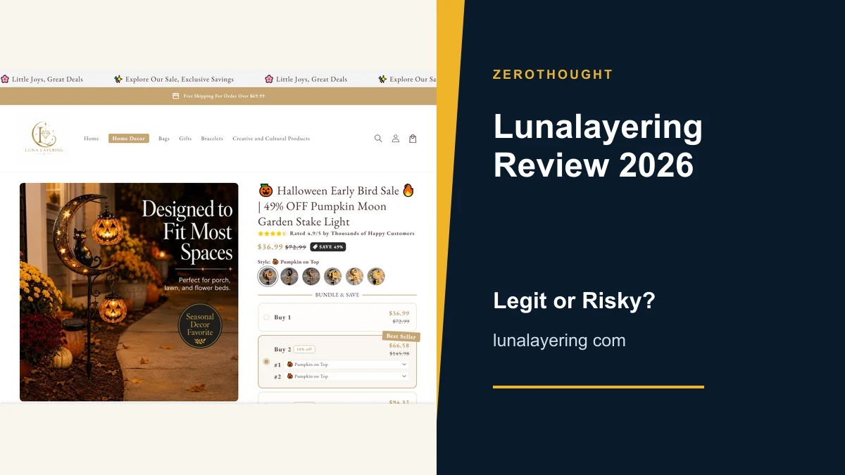 Lunalayering website or product material beside a ZeroThought review title.