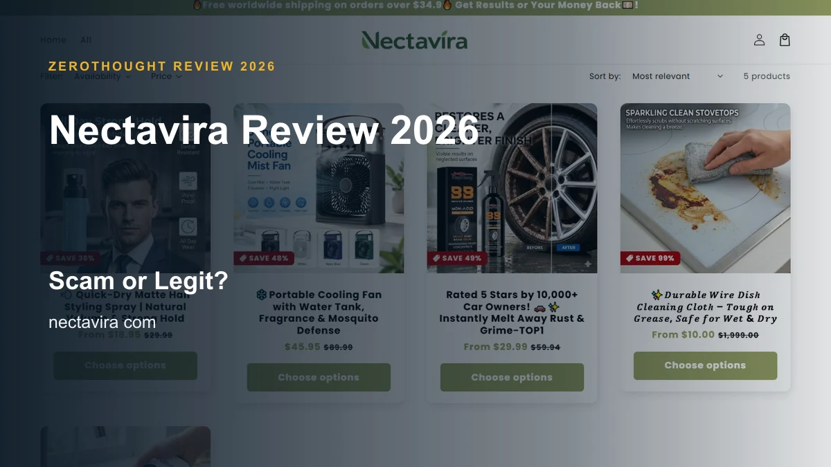 Nectavira website or product material beside a ZeroThought review title.