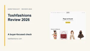 Toshfashions website or product material beside a ZeroThought review title.
