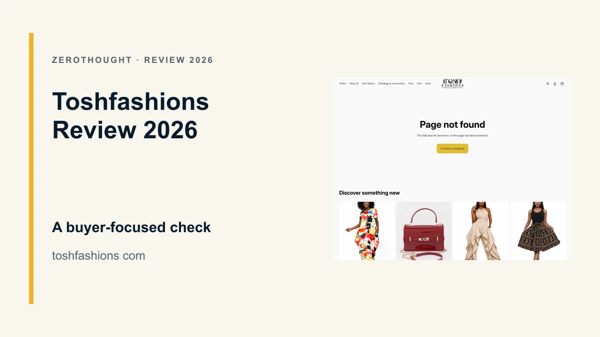Toshfashions website or product material beside a ZeroThought review title.