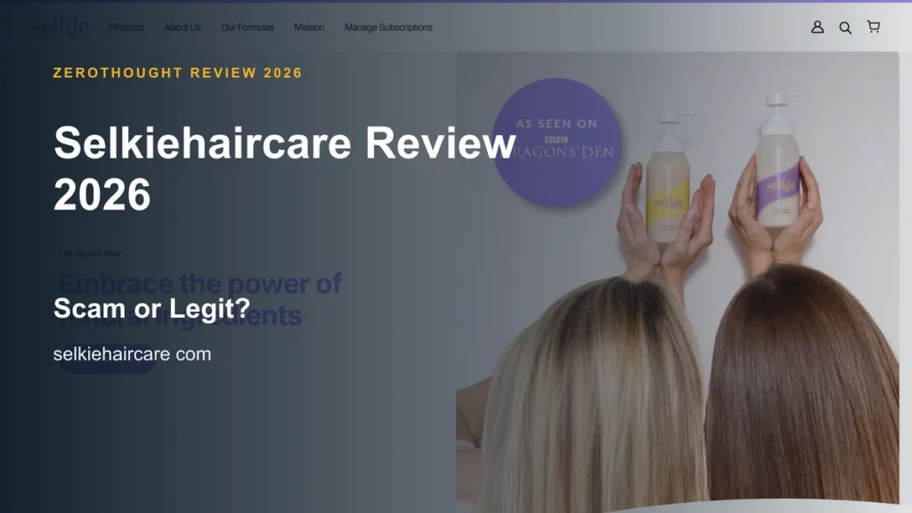 Selkiehaircare website or product material beside a ZeroThought review title.