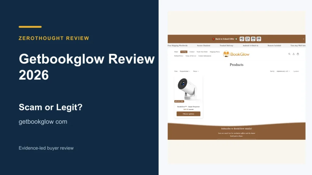 Getbookglow website or product material beside a ZeroThought review title.
