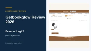 Getbookglow website or product material beside a ZeroThought review title.