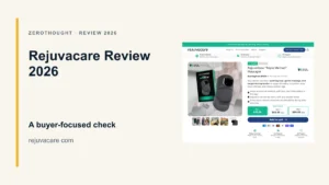 Rejuvacare website or product material beside a ZeroThought review title.