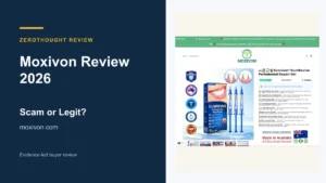 Moxivon website or product material beside a ZeroThought review title.