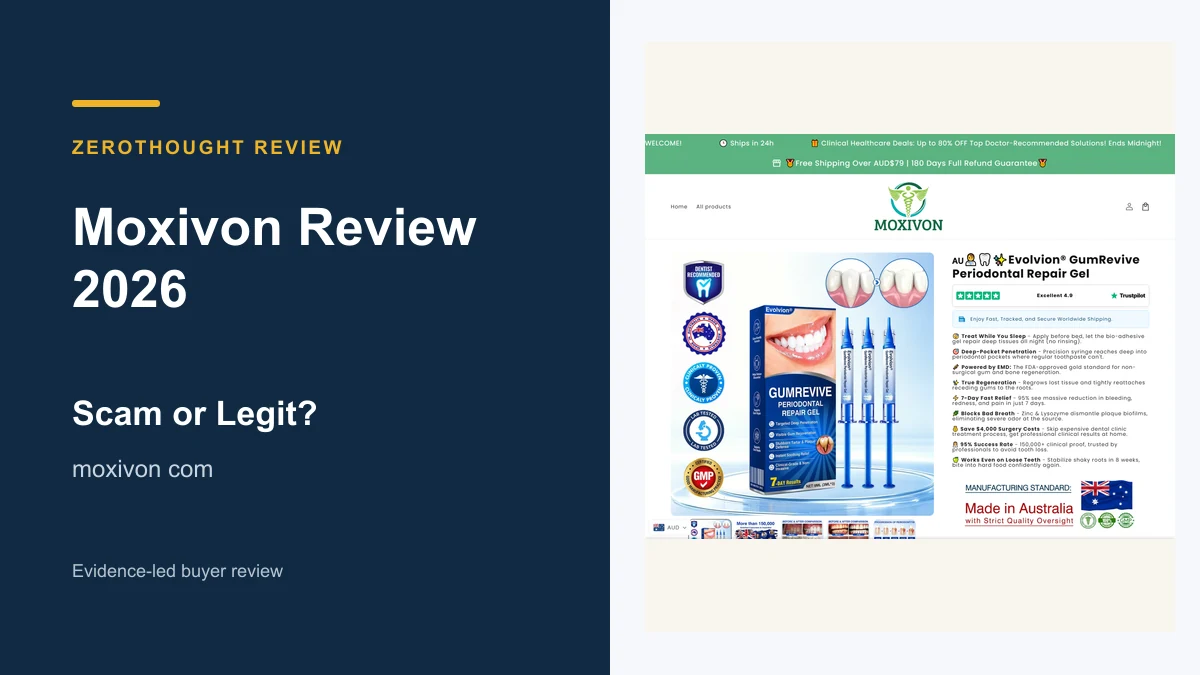 Moxivon website or product material beside a ZeroThought review title.