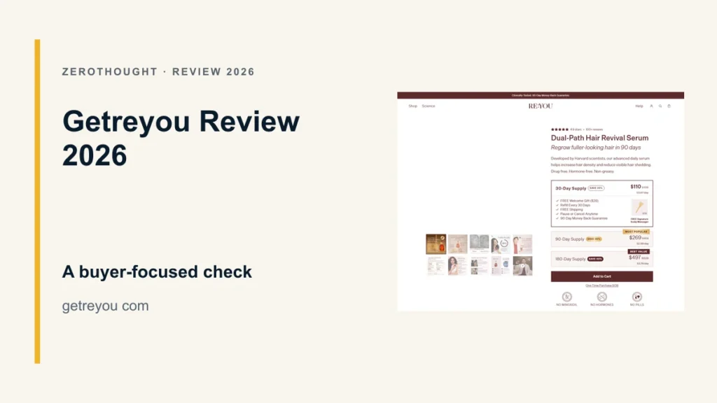 Getreyou website or product material beside a ZeroThought review title.