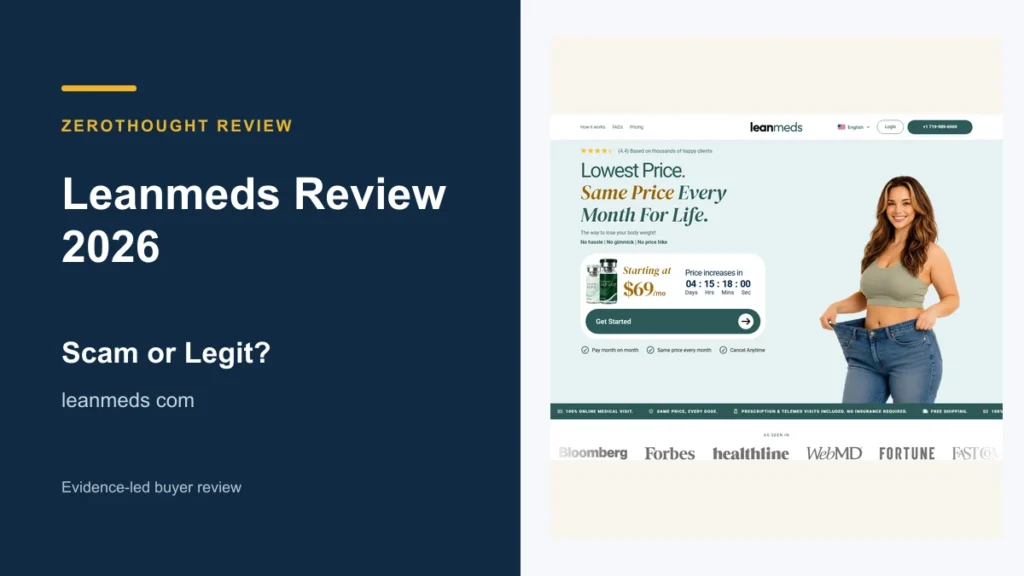 Leanmeds website or product material beside a ZeroThought review title.