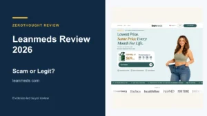 Leanmeds website or product material beside a ZeroThought review title.