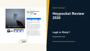 Heypocket website or product material beside a ZeroThought review title.