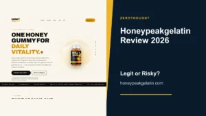 Honeypeakgelatin website or product material beside a ZeroThought review title.