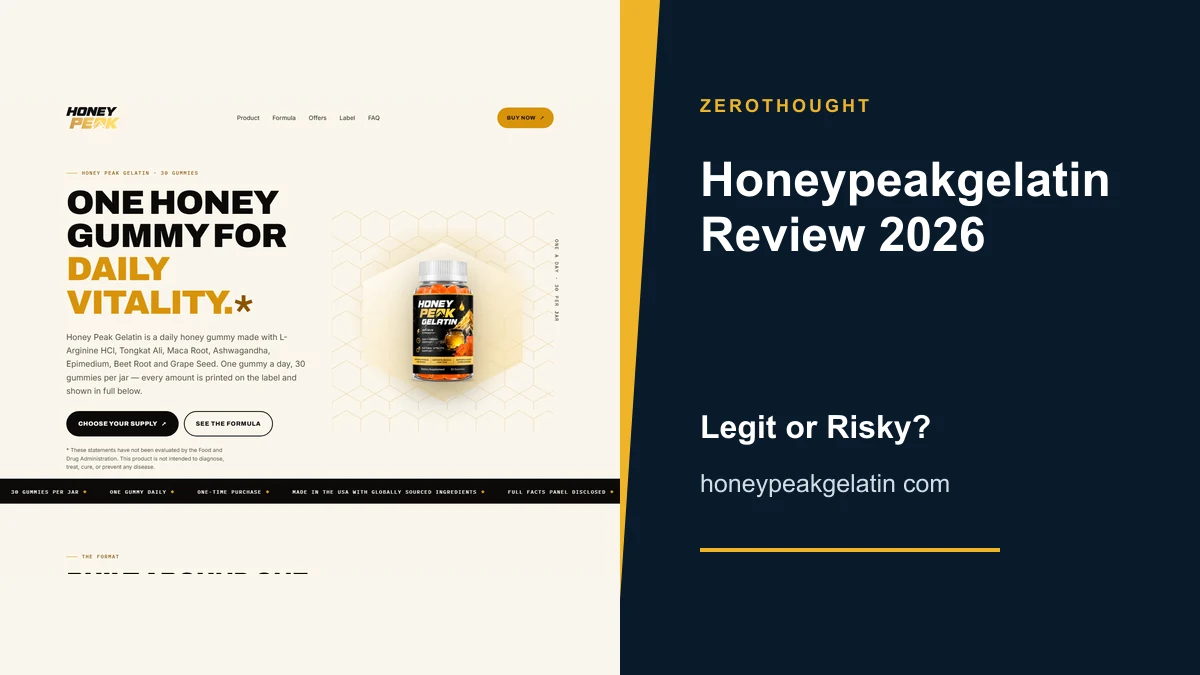 Honeypeakgelatin website or product material beside a ZeroThought review title.