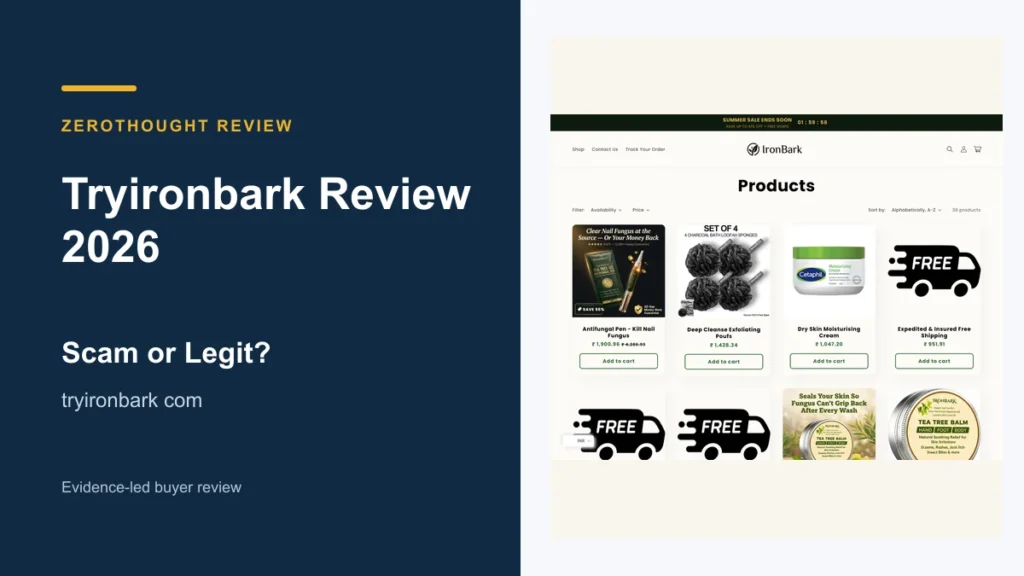 Tryironbark website or product material beside a ZeroThought review title.