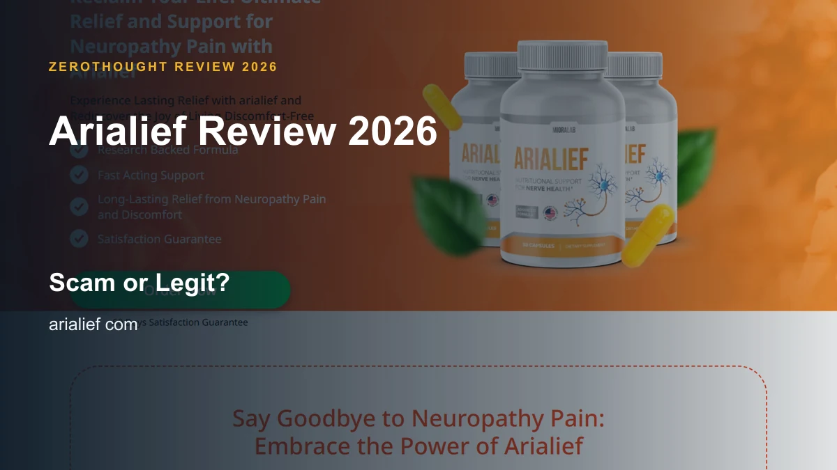 Arialief website or product material beside a ZeroThought review title.