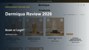 Dermiqua website or product material beside a ZeroThought review title.