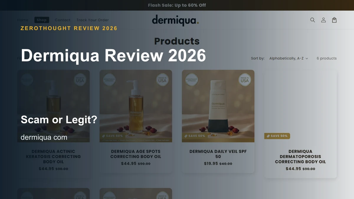 Dermiqua website or product material beside a ZeroThought review title.
