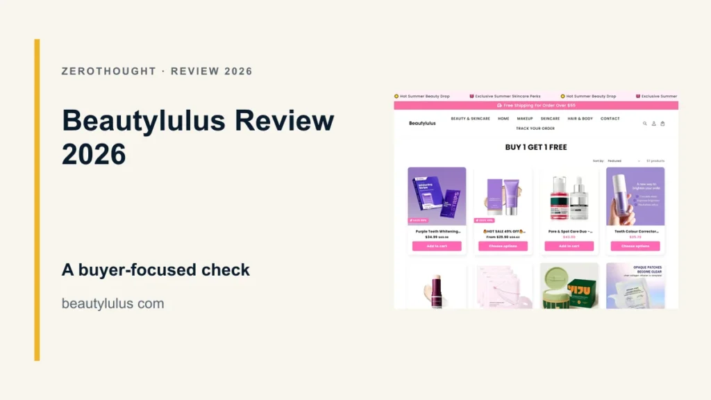 Beautylulus website or product material beside a ZeroThought review title.