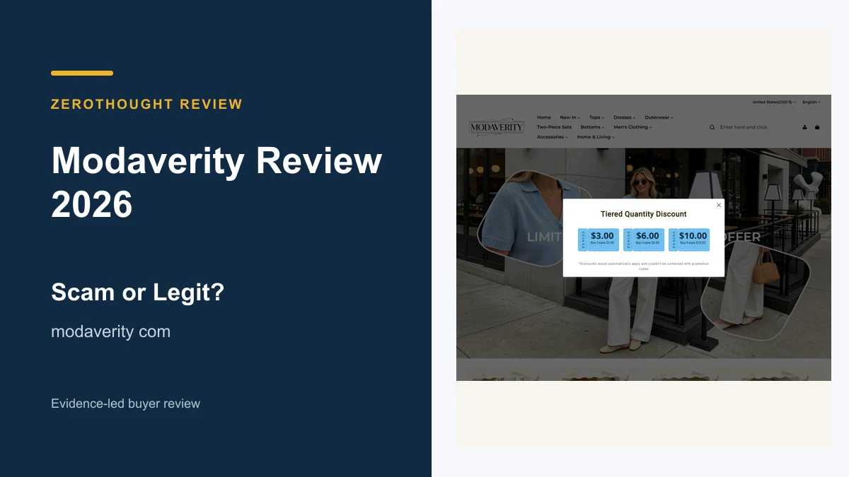 Modaverity website or product material beside a ZeroThought review title.