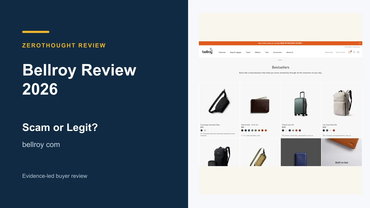 Bellroy website or product material beside a ZeroThought review title.