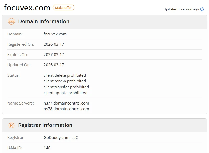 WHOIS.com record showing the registration details for focuvex com.
