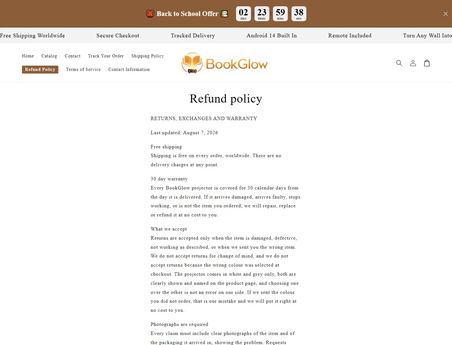 Refund policy – BookGlow page captured during the ZeroThought investigation