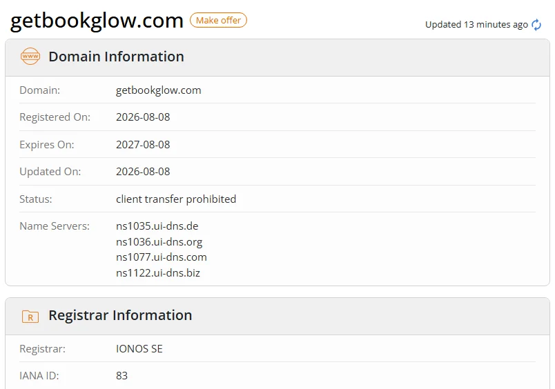 WHOIS.com record showing the registration details for getbookglow com.